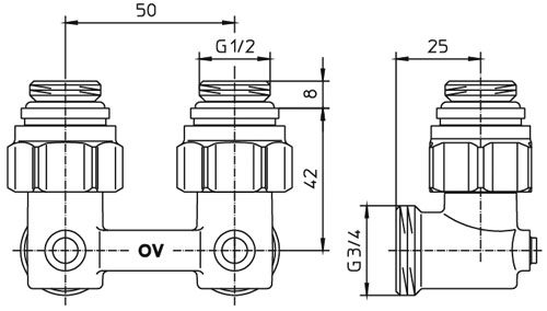 Узлы нижнего подключения Oventrop Multiflex F 1015884 3/4x1/2″ Ду20x15 Ру10 H-образные, угловые, присоединение - наружная резьба, корпус - латунь