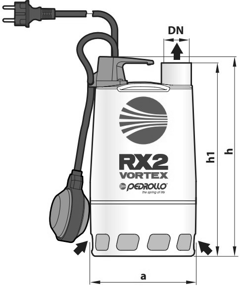 Насосы дренажные Pedrollo RX-VORTEX погружные, мощность - 0.37-1.1 кВт, напор - 7-13 м, производительность - 180-380 л/мин, длина кабеля - 5-10 м, корпус - нержавеющая сталь AISI 304