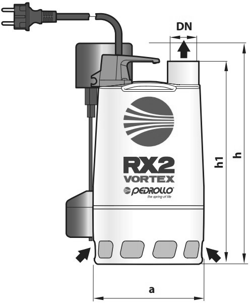 Насос дренажный Pedrollo RXm-VORTEX-GM 3/20 Ду32 погружной, однофазный, мощность - 0.55 кВт, напор - 9 м, производительность - 180 л/мин, длина кабеля - 5 м, корпус - нержавеющая сталь AISI 304
