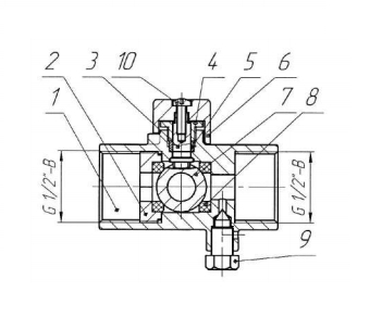 Эскиз Кран для манометра Пензапромарматура 11б27п(м)2 Ду15 Ру16 шаровой трехходовой с краном Маевского, латунный, внутренняя резьба G1/2xM20x1.5″, управление ручка-бабочка