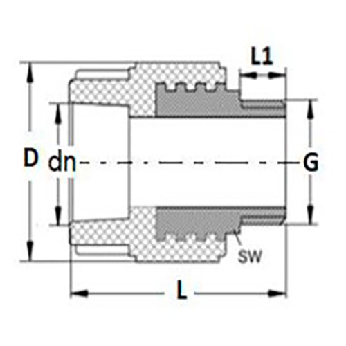 Муфта комбинированная Политэк Дн50x1 1/2″ Ру25 под приварку/с наружной резьбой под ключ, белая, корпус - полипропилен