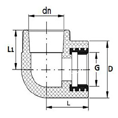 Угольник Политэк Дн20x3/4″ Ру25 комбинированный, под приварку/внутренняя резьба, корпус - полипропилен