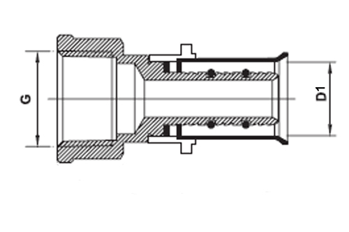 Муфты для металлопластиковых труб Prandelli Multyrama PFM2 Ду16-32 Ру10, латунные, присоединение пресс / внутренняя резьба