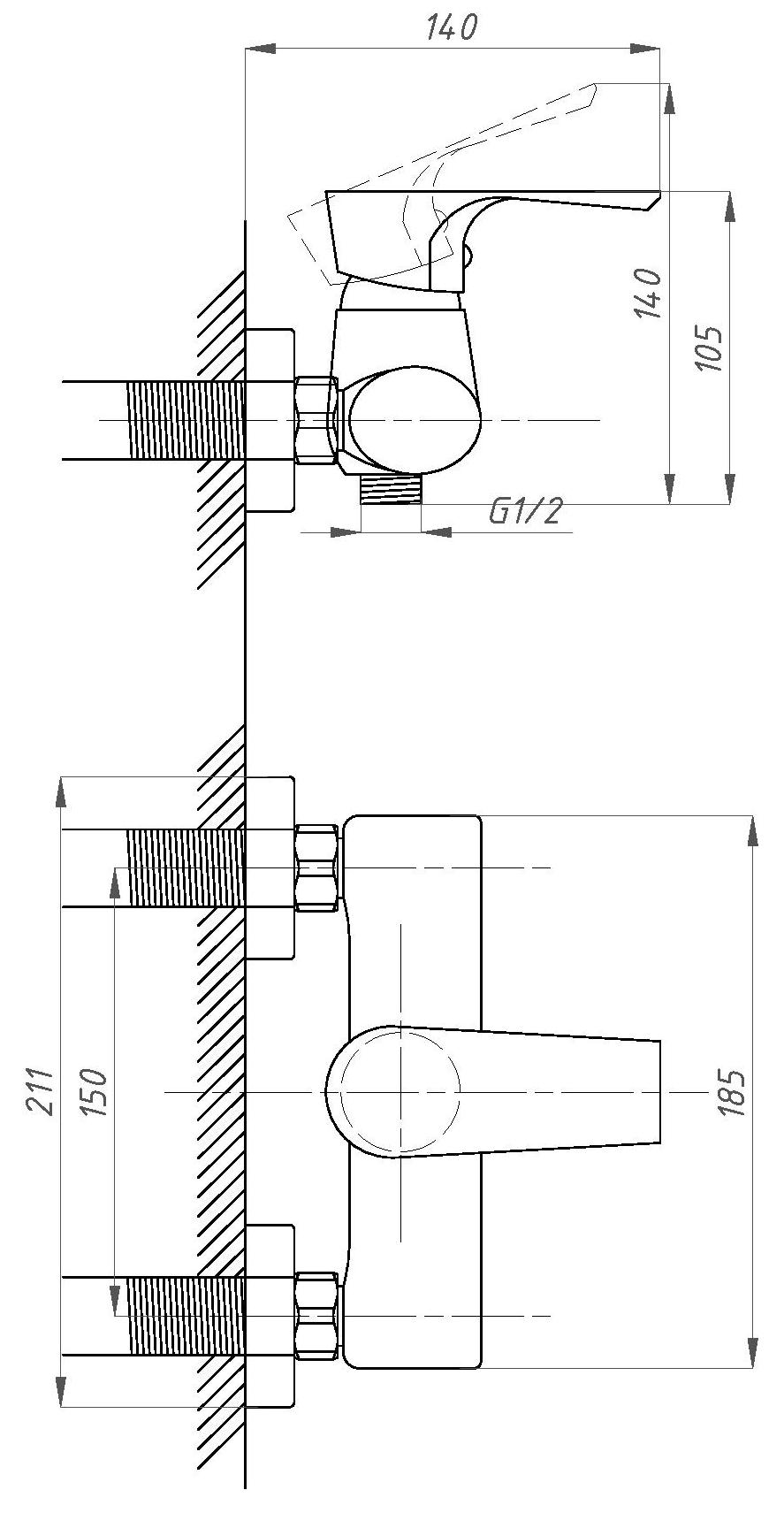 Смеситель для душа Профсан Элит ПСМ-100 длина 140 мм, однорукояточный с душевым гарнитуром, серебристый