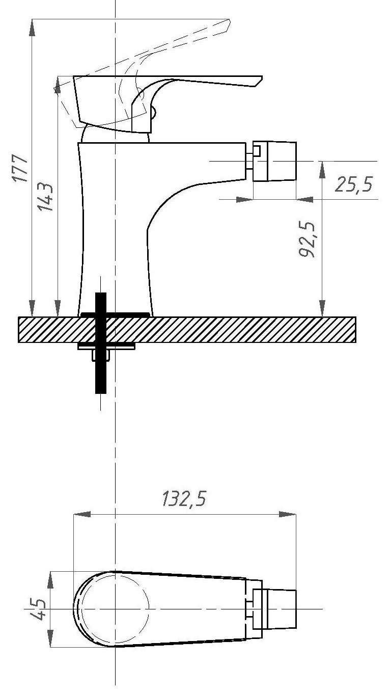 Смеситель для биде Профсан Элит ПСМ-100 длина 132.5 мм, однорукояточный, излив прямой,серебристый