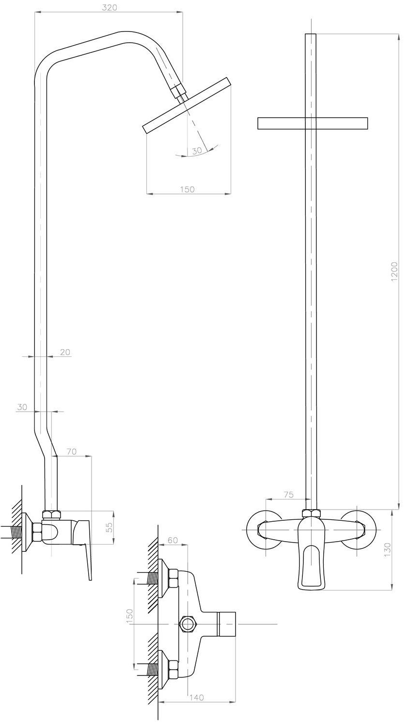 Душевая стойка Профсан Душ ПСМ-154 длина 140 мм, однорукояточный, серебристый, с верхним душем