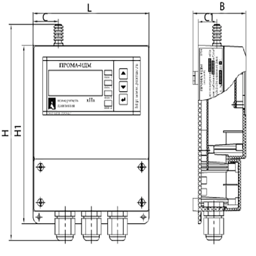 Датчик вакуумметрического давления ПРОМА ИДМ-016 ДВ-Н 100, настенное исполнение, количество выходных реле - 4, диапазон измерений давлений от -100 до -25КПа