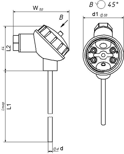Эскиз Термопреобразователи сопротивления (комплект с гильзами и бобышками) ПРОМА-ТСП-К-101 платиновые, без гайки, L = 100 мм, Pt500, класс А, 4 контакта (+3-150°C)