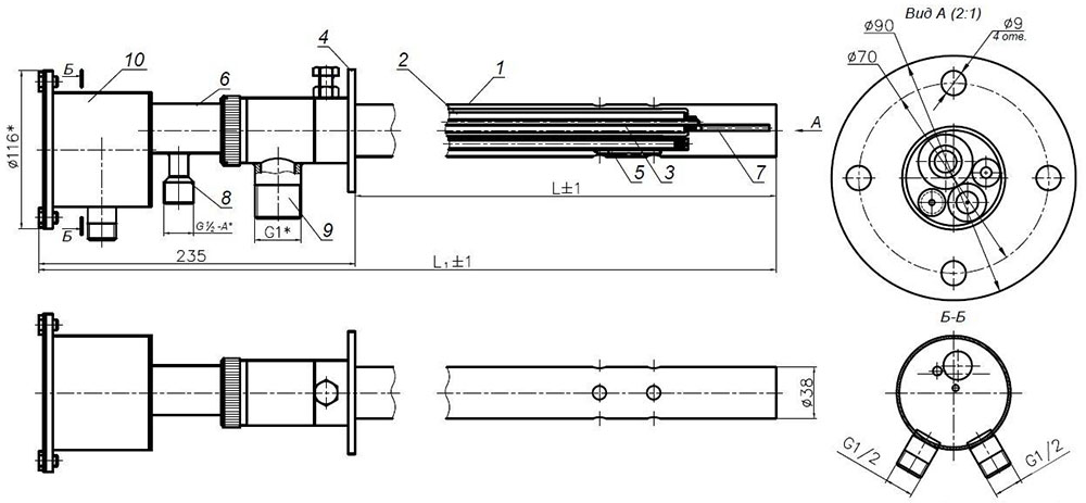 Запально-защитное устройство ПРОМА ЗСУ-ПИ-45-IP65-1000 инжекционное, диаметр ствола - 45 мм, длина погружной части -1000 мм, пыле-влагозащищенность IP65