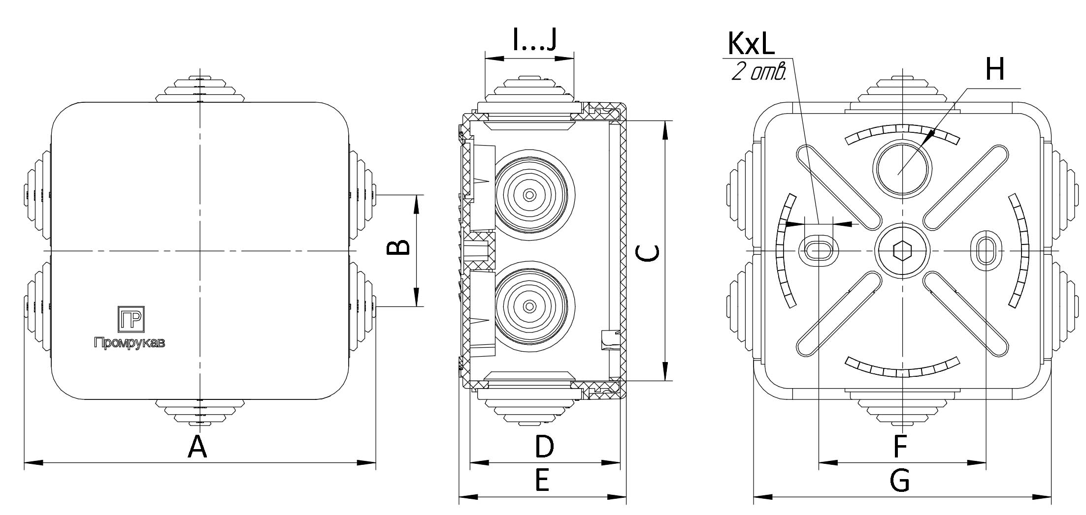 Коробка распределительная Промрукав для открытой проводки атмосферостойкая 100х100х50 мм, 6 вводов, IP55, с крышкой на винтах, серая