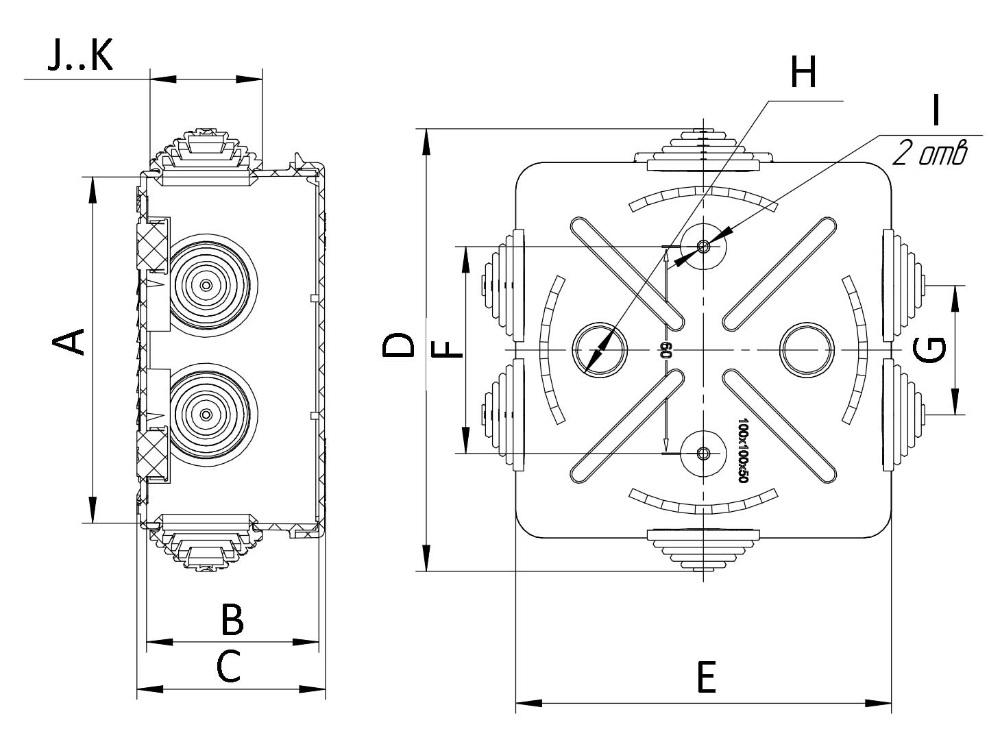 Коробка распределительная Промрукав для открытой проводки 100х100х50 мм, 6 вводов, IP55, черная