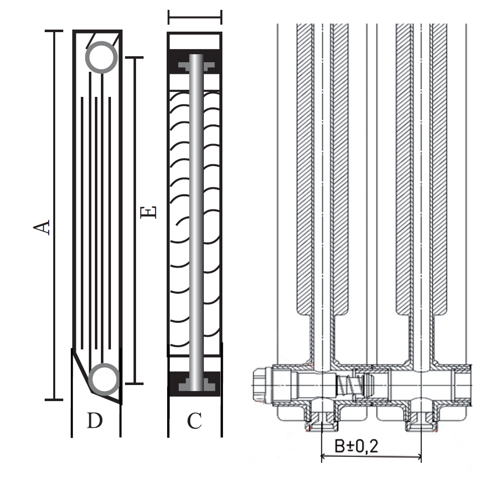Радиатор биметаллический Oasis Pro 200/100, нижнее подключение, 6 секции