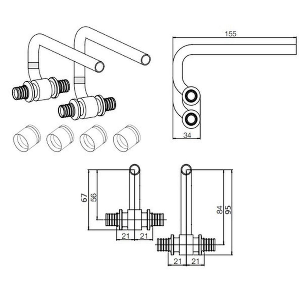 SL-комплект REHAU RAUTITAN двух правых концевых C-образных трубок с гильзами Дн16-12x1.0 для подключения радиаторов