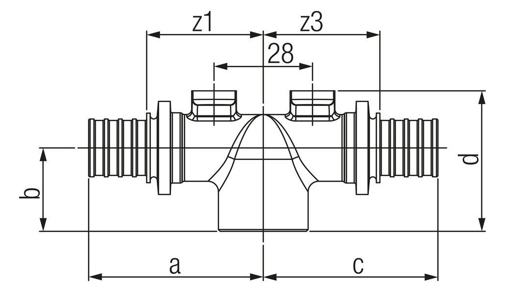 Тройники REHAU Rautitan RX+ Дн16х1/2″х16-20х1/2″х20 Ру10 бронзовые, с креплением, присоединение - аксиальное/внутренняя резьба, для PE-X труб