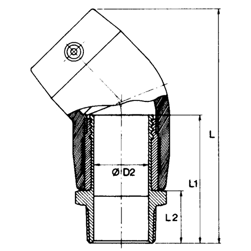 Угольники электросварные REHAU RAUPEX Дн40x1 1/4″ Ру16 с наружной резьбой из латуни, угол - 45°, корпус - полиэтилен для труб из сшитого полиэтилена, цвет - черный