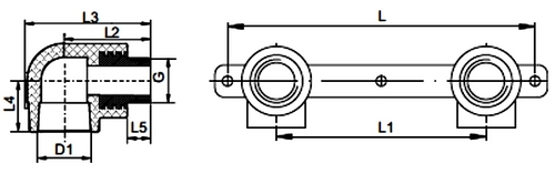 Настенный комплект с угловыми водорозетками Remsan Дн25х1/2″ Ру25, комбинированный, двойной, присоединение - под приварку / наружная резьба, материал - полипропилен, цвет - белый