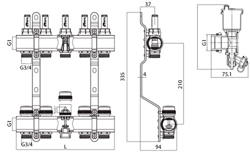 Коллекторные группы Ридан FHF-RF 1″x3/4″ Ду25 Ру6 выходов 2-12 с расходомерами, с воздухоотводчиками, с кронштейнами, корпус - латунь