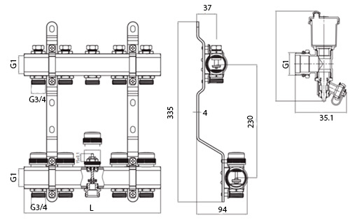 Коллекторная группа Ридан FHF-4R 1″x4x3/4″ Ду25 Ру10 с воздухоотводчиками, с кронштейнами, корпус - латунь