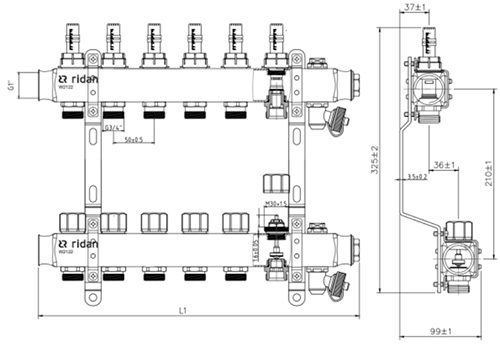 Коллекторная группа Ридан SSM-RF 1″ Ду25 Ру6 выходов 3x3/4″, с расходомерами и кронштейнами, корпус - нержавеющая сталь