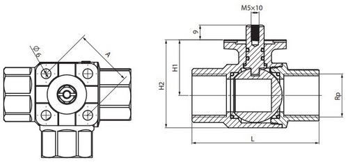 Краны шаровые Ридан AMZ-113R 3/4″-1″ Ду20-25 Ру40 полнопроходные, трехходовые, латунь CW614N, уплотнение - PTFE, внутренняя резьба, под электропривод