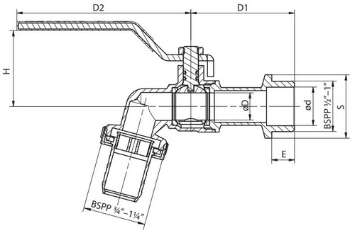 Краны шаровые Ридан BVR-CR 1/2″-1″ Ду15-25 Ру10 водоразборные полнопроходные, двухходовые, латунь ЛС58-2, наружная резьба/штуцер, рукоятка