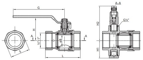 Кран шаровой Ридан BVR-DR 1 1/2″ Ду40 Ру40 полнопроходной, двухходовой, латунь ЛС58-2, внутренняя резьба, рукоятка, со спускником