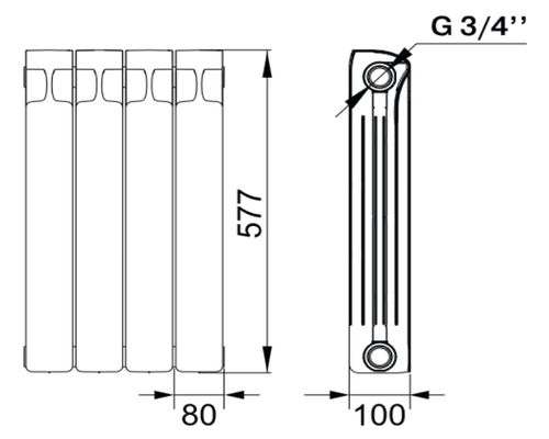 Радиатор биметаллический RIFAR Monolit VENTIL 500х4 секции, мощность 784 Вт, подключение резьбовое - 3/4″, нижнее левое, цвет - белый