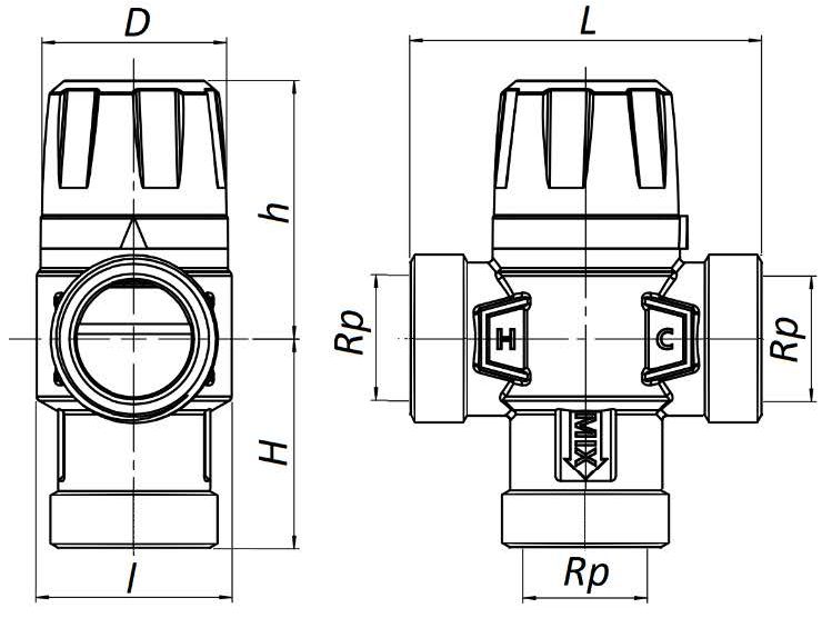 Клапан термостатический смесительный ROMMER RVM 3/4″ Ду20 Pу10 35-60 °С Kvs 1,6 ВР боковое смешивание для систем отопления и ГВС