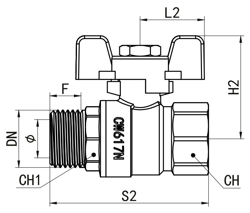 Кран шаровой ROMMER RBV-0004 1/2″ Ду15 Ру40 полнопроходной муфтовый, латунный, внутренняя/наружная резьба, управление ручка-бабочка