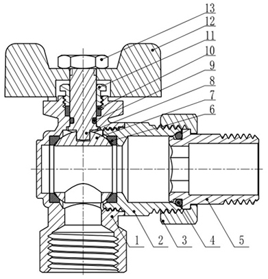 Кран шаровой ROMMER RBV-0006 3/4″ Ду20 Ру40 полнопроходной муфтовый угловой, латунный, внутренняя резьба/американка, управление ручка-бабочка