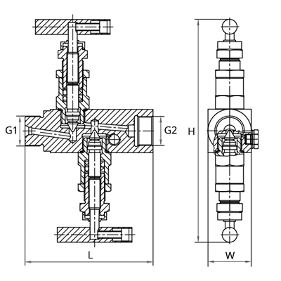 Клапан игольчатый двухвентильный Росма SS-2R Ду15 Ру400, нержавеющая сталь, внутренняя резьба FG1/2-FG1/2, дренажный вентиль