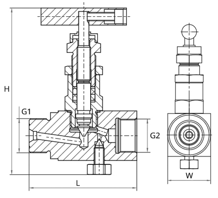 Клапан игольчатый одновентильный Росма SS-V4 Ду15 Ру400, нержавеющая сталь, внутренняя/наружная резьба FМ20х1.5-MNPT1/2