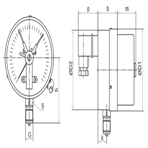Манометры Росма ТМ-610Р.01-06 (до 10МПа) IP54, общетехнические 150мм, тип - ТМ-610Р, электроконтактная приставка, с DIN-разъемом, радиальное присоединение