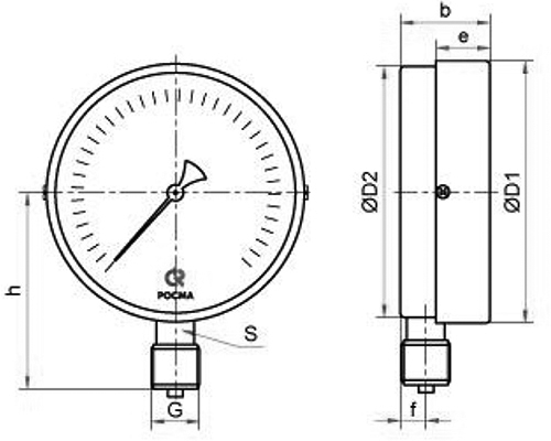 Манометр Росма ТМ-510Р.00 (0-1.6 МПа) G1/2 М2 общетехнический 100 мм, радиальное присоединение, 0-1.6 МПа, класс точности 1.5