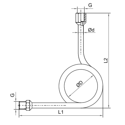 Петлевая трубка для манометра Росма Py250, угловое исполнение 90°, углеродистая сталь, внутренняя/наружная резьба М20х1.5–G1/2″, макс.температура 300°С