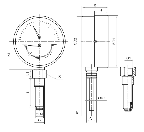 Термоманометр Росма ТМТБ-31Р.2 (0-150С) (0-0,4MПa) G1/2 2,5, корпус 80мм, тип - ТМТБ-31Р.2, длина клапана 64мм, до 150°С, радиальное присоединение, 0-0,4MПa, резьба  G1/2, класс точности 2.5