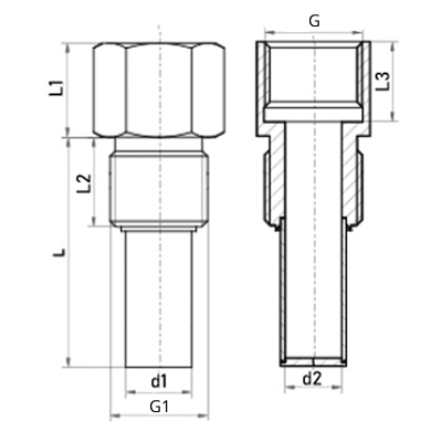 Гильза для термометра Росма БТ серии 220, Китай, L=64 Дн14 Ру250, нержавеющая сталь, внутренняя/наружная резьба G1/2″–M20x1.5