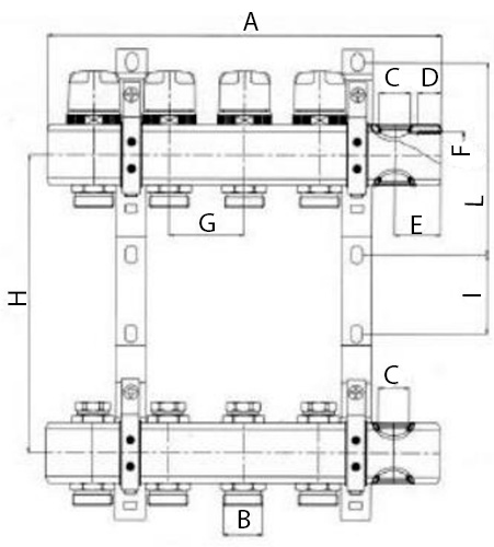 Коллекторная группа РосТурПласт 1″x10x3/4″ Ду25 Ру10 с регулирующими клапанами и кронштейном, под евроконус, корпус - нержавеющая сталь