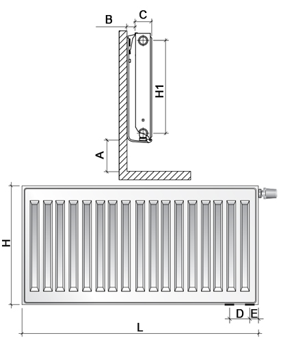 Радиатор панельный стальной Royal Thermo VENTIL COMPACT VC21-500-1400 Noir Sable, нижнее и боковое подключение, универсальное