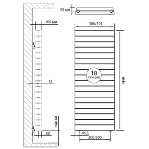 Радиатор биметаллический Royal Thermo PianoForte Tower new/Silver Satin 18 секций, площадь помещения до 22 м2, боковое подключение, настенный, серебристо-серый