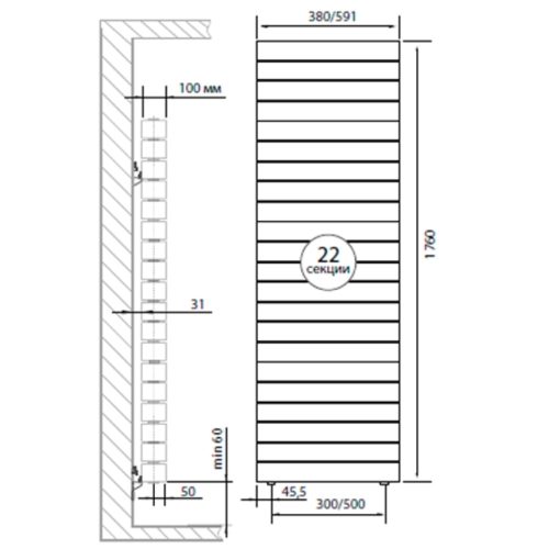 Радиатор биметаллический Royal Thermo PianoForte Tower new/Silver Satin 22 секций, площадь помещения до 26 м2, боковое подключение, настенный, серебристо-серый