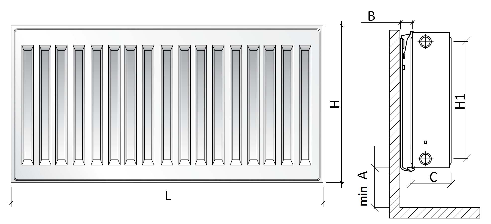 Радиаторы стальные панельные Royal Thermo COMPACT C33-300 RAL9016 0.8088-6.066 кВт настенные, длина 400 – 3000 мм, присоединение резьбовое - 1/2″, подключение - боковое, универсальное, цвет – белый