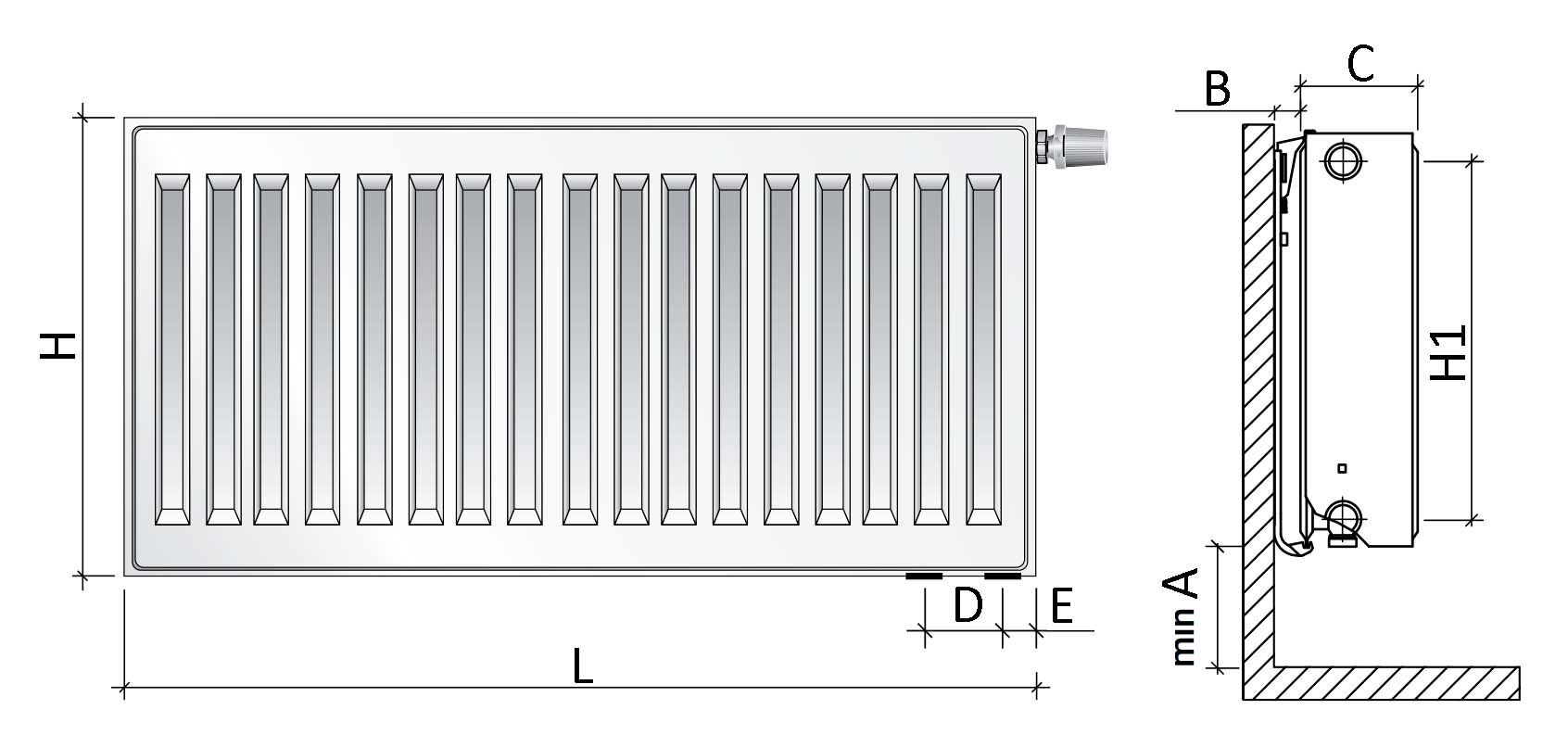 Радиаторы панельные Royal Thermo Ventil Compact VC33-600 400-3000 мм стальные, с нижним и боковым подключением, межосевым расстоянием 50 мм, цвета Noir Sable