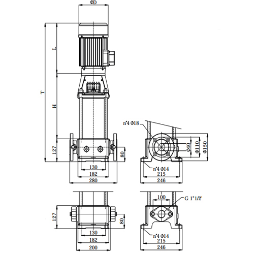 Насос многоступенчатый SAER MK40/R12 100L V18 Ду40x40 Ру25 вертикальный центробежный, максимальная производительность - 12 м3/час, максимальный напор - 126 м, мощность - 4 кВт, напряжение - 230/400 В