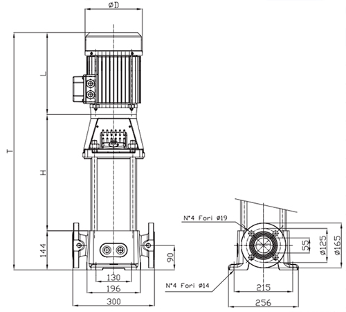 Насос многоступенчатый SAER MK 50/3 90L V18 Ду50x50 Ру25 вертикальный центробежный, максимальная производительность - 24 м3/час, максимальный напор - 55 м, мощность - 3 кВт, напряжение - 230/400 В