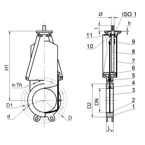 Задвижки шиберные СибЗТА Ду50-1200 межфланцевые, корпус - чугун, шибер - нержавеющая сталь SS304, под электропривод