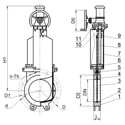 Задвижки шиберные СибЗТА Ду500-1200 межфланцевые, корпус - чугун, шибер - нержавеющая сталь SS304, с редуктором