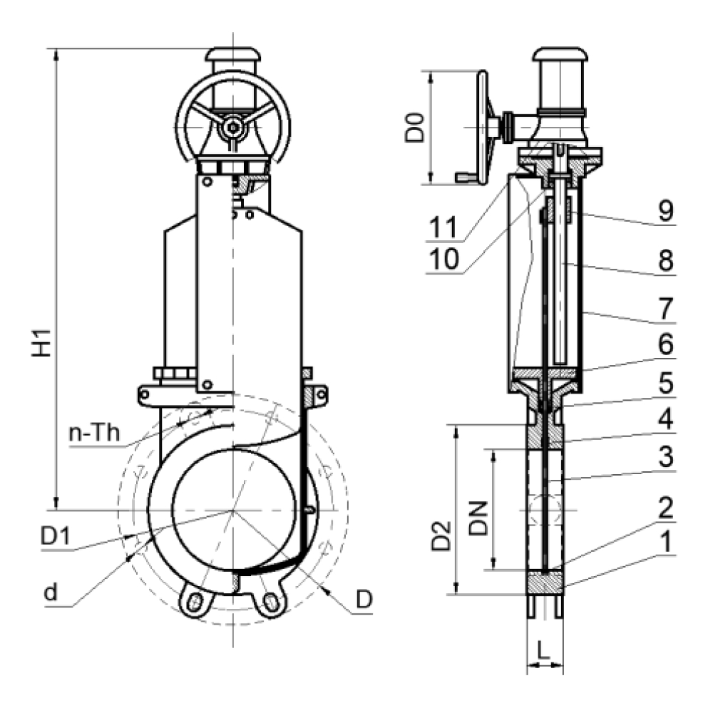 Задвижка шиберная ножевая СибЗТА Ду800 Ру5 межфланцевая, шток - невыдвижной, корпус - высокопрочный чугун GGG40, с редуктором
