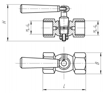 Эскиз Кран для манометра трехходовой Стеклоприбор исполнение 3 Ду15 Ру16 латунный, внутренняя резьба G1/2″ - М20х1,5 ручка-рычаг без фланца