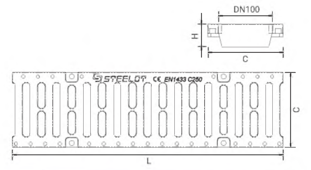 Решетки СТИЛОТ SteeStart С250 DN100 L=500 мм, гидравлическое сечение DN=100 мм, класс нагрузки С250, материал - полиамид